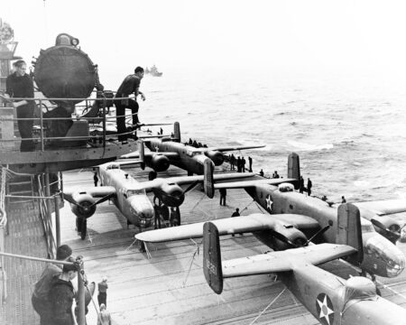 B-25 Mitchell bombers onboard the USS Hornet (CV-8) during the Doolittle Raid operation.