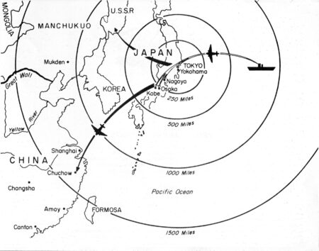 Map showing Doolittle Raid targets and landing fields. Illustration by anonymous (date unknown).