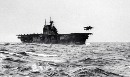 One of the sixteen B-25 Mitchell medium bombers taking off from the USS Hornet as part of the Doolittle Raid on Japan.