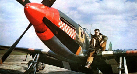 Don Gentile on the wing of his P-51B, “Shangri-La.”
